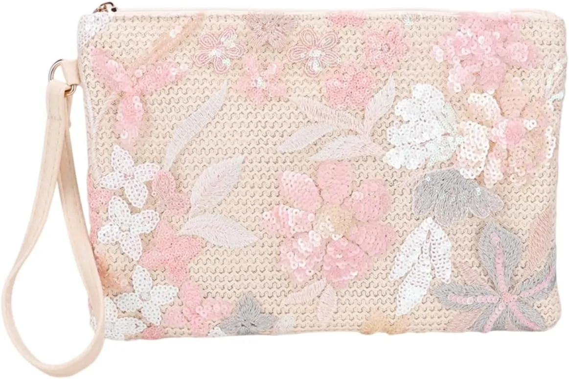 Women Floral Embroidery Beaded Clutch Purses, Woven Wristlet Sequin Summer Purse,Evening Bag for Formal Beach Party Wedding