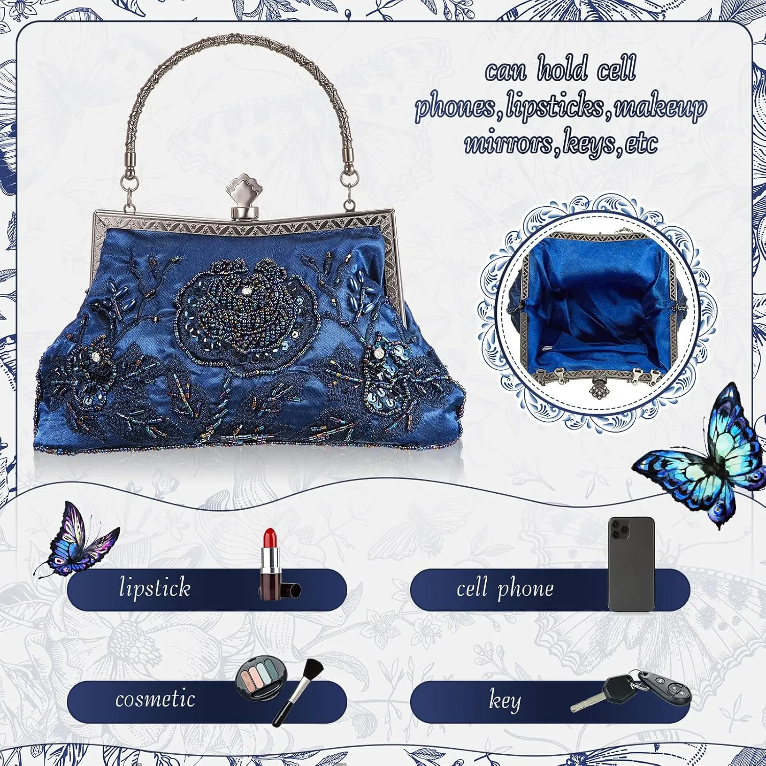 Women's Beaded Clutch Vintage Embroidery Evening Bag Sequin Rhinestone Clutch Purse Floral Crossbody Bag