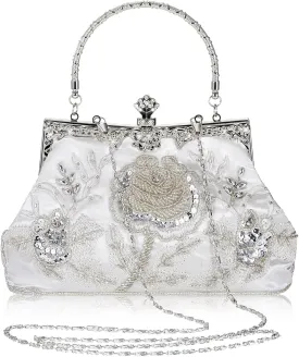 Women's Beaded Clutch Vintage Embroidery Evening Bag Sequin Rhinestone Clutch Purse Floral Crossbody Bag