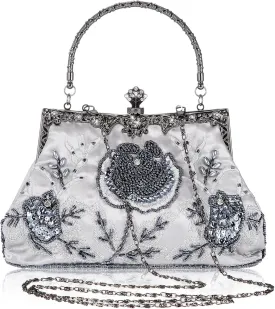 Women's Beaded Clutch Vintage Embroidery Evening Bag Sequin Rhinestone Clutch Purse Floral Crossbody Bag
