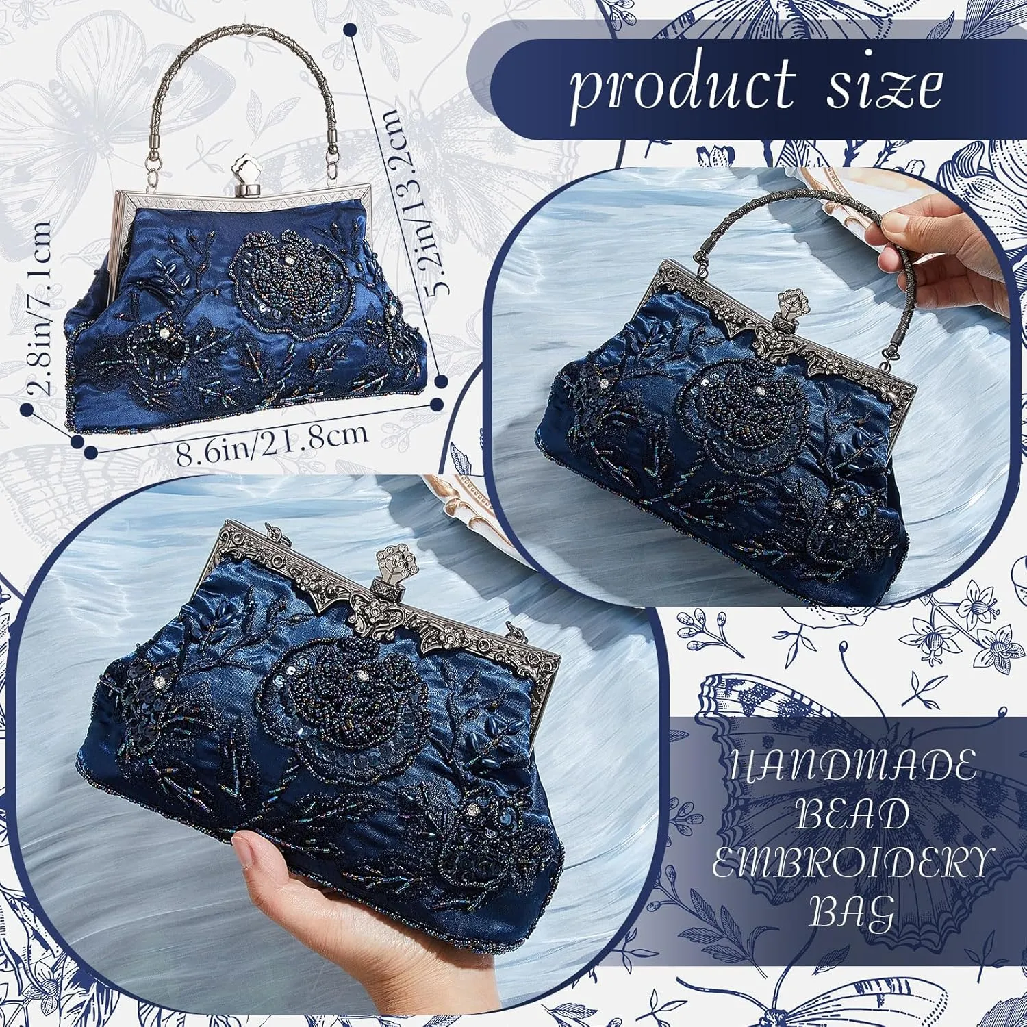 Women's Beaded Clutch Vintage Embroidery Evening Bag Sequin Rhinestone Clutch Purse Floral Crossbody Bag