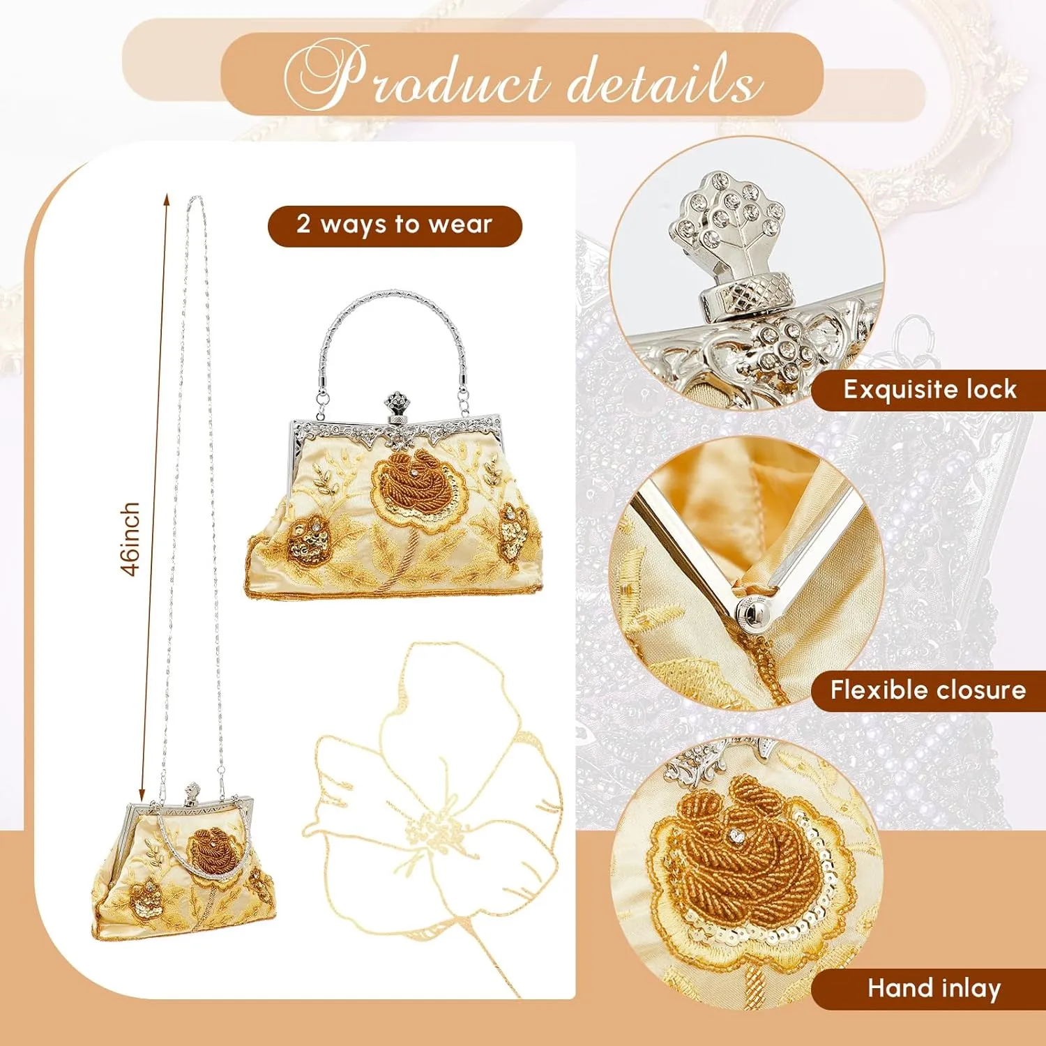 Women's Beaded Clutch Vintage Embroidery Evening Bag Sequin Rhinestone Clutch Purse Floral Crossbody Bag