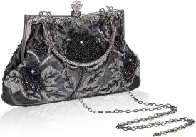 Women's Beaded Clutch Vintage Embroidery Evening Bag Sequin Rhinestone Clutch Purse Floral Crossbody Bag