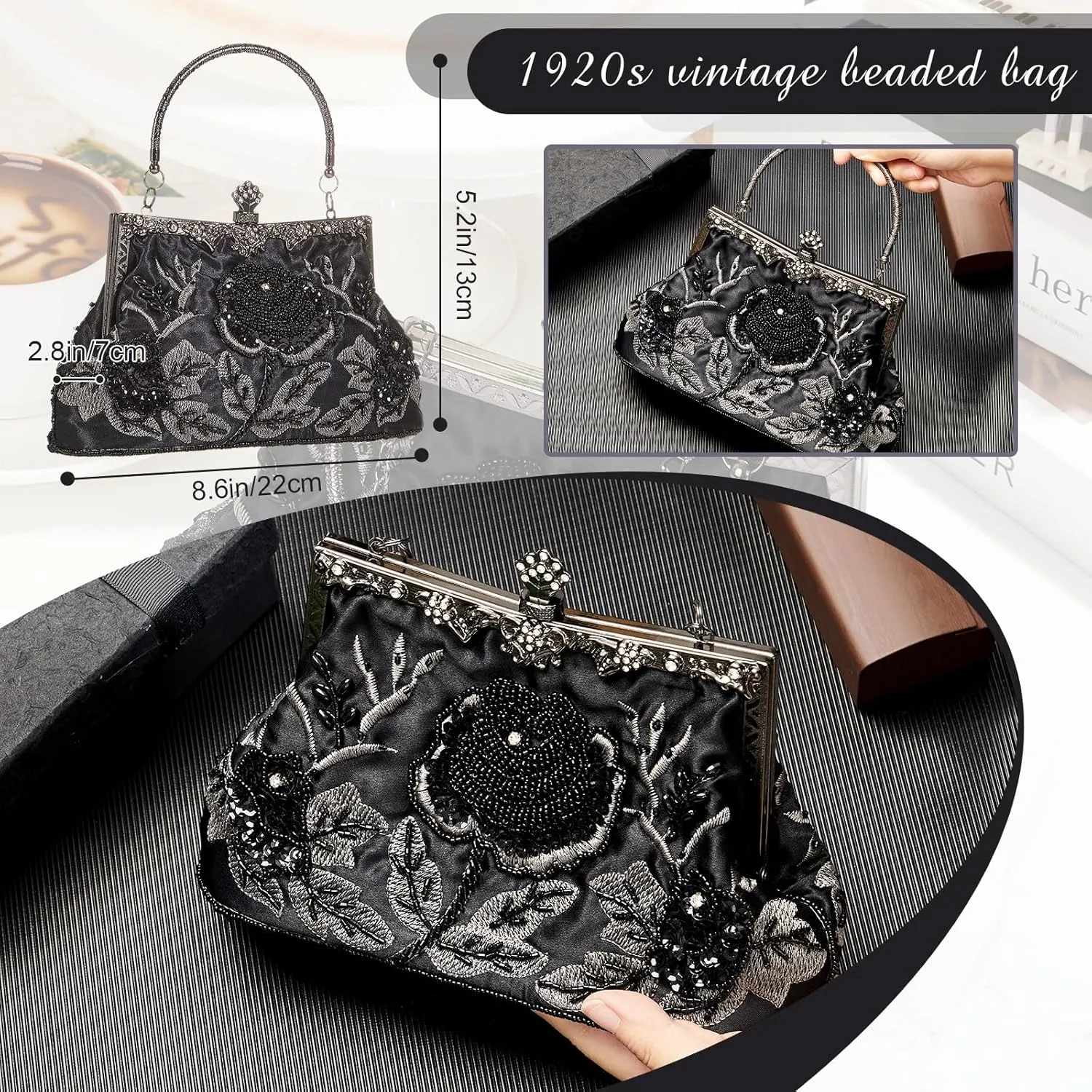 Women's Beaded Clutch Vintage Embroidery Evening Bag Sequin Rhinestone Clutch Purse Floral Crossbody Bag