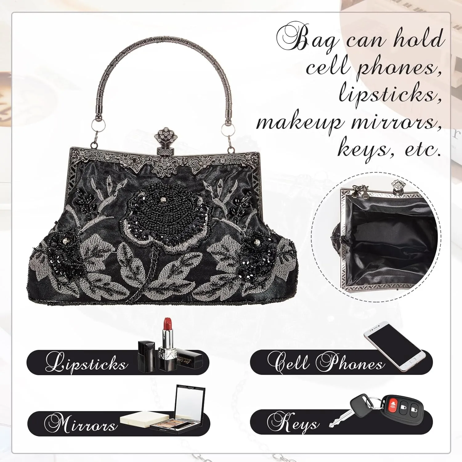 Women's Beaded Clutch Vintage Embroidery Evening Bag Sequin Rhinestone Clutch Purse Floral Crossbody Bag