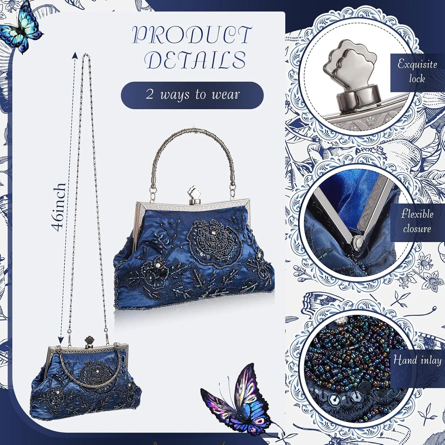 Women's Beaded Clutch Vintage Embroidery Evening Bag Sequin Rhinestone Clutch Purse Floral Crossbody Bag