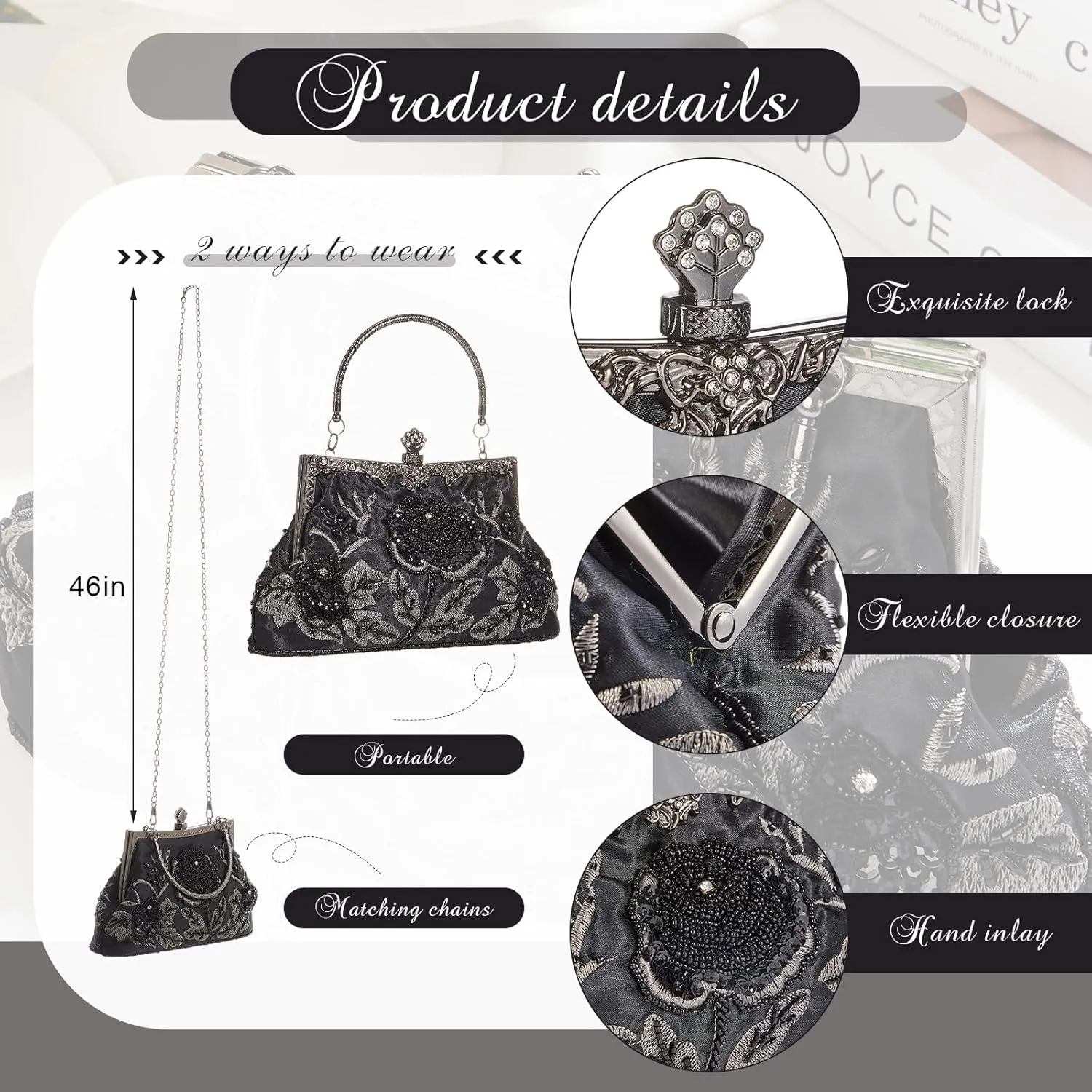 Women's Beaded Clutch Vintage Embroidery Evening Bag Sequin Rhinestone Clutch Purse Floral Crossbody Bag