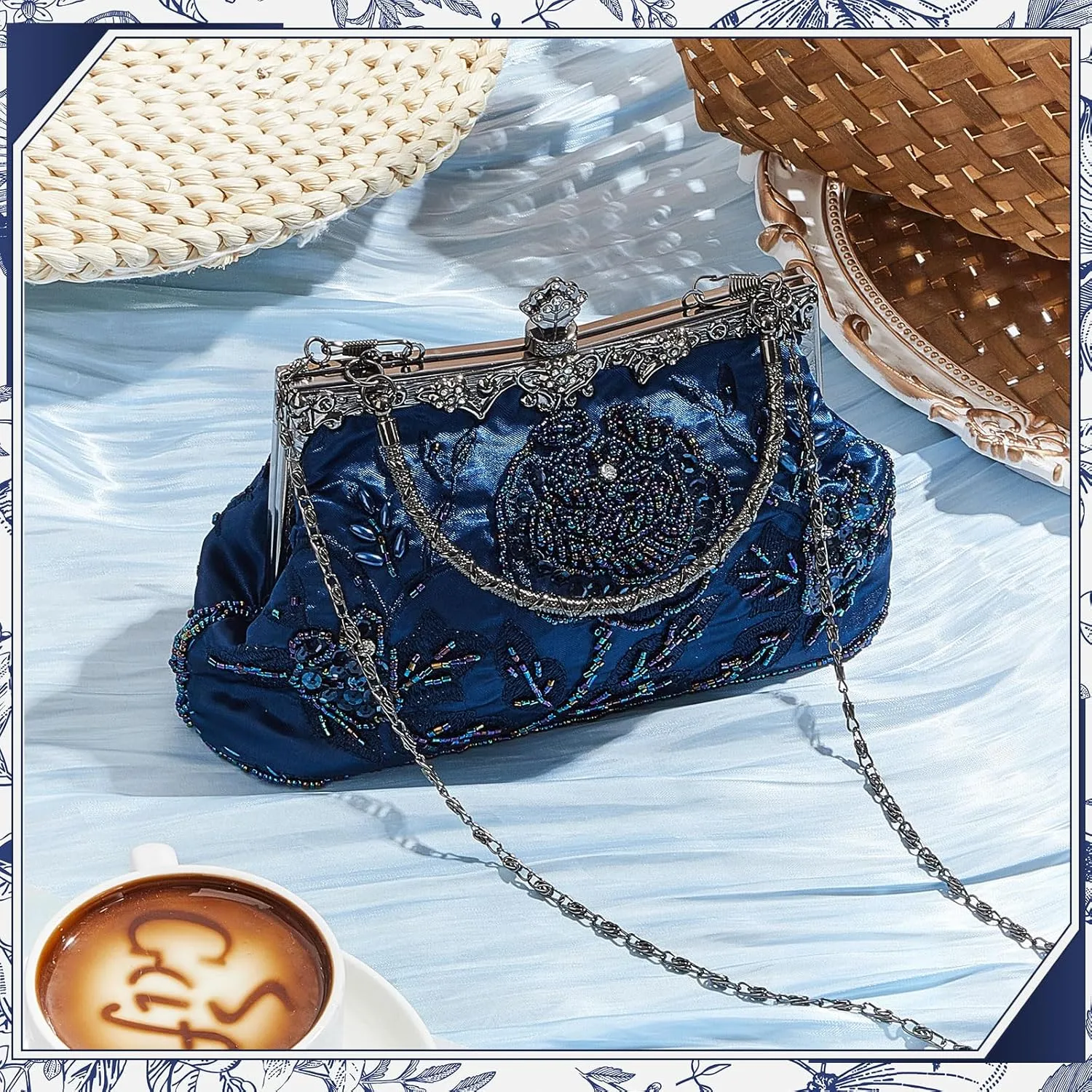 Women's Beaded Clutch Vintage Embroidery Evening Bag Sequin Rhinestone Clutch Purse Floral Crossbody Bag