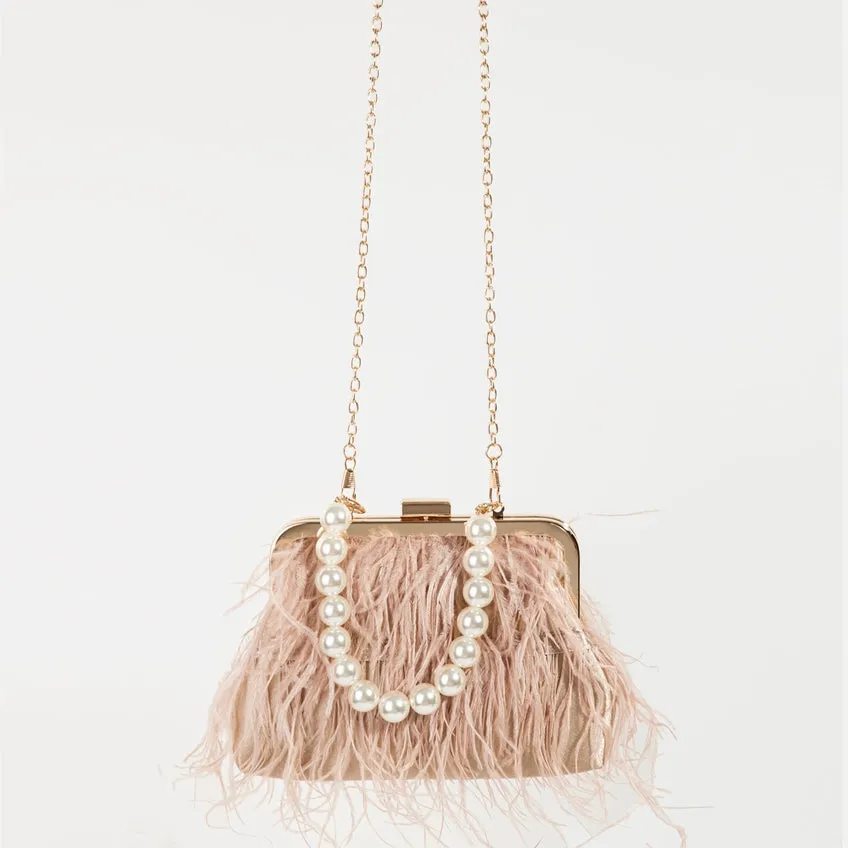 Women's Feather Fringe Clutch Bag / OLD ROSE