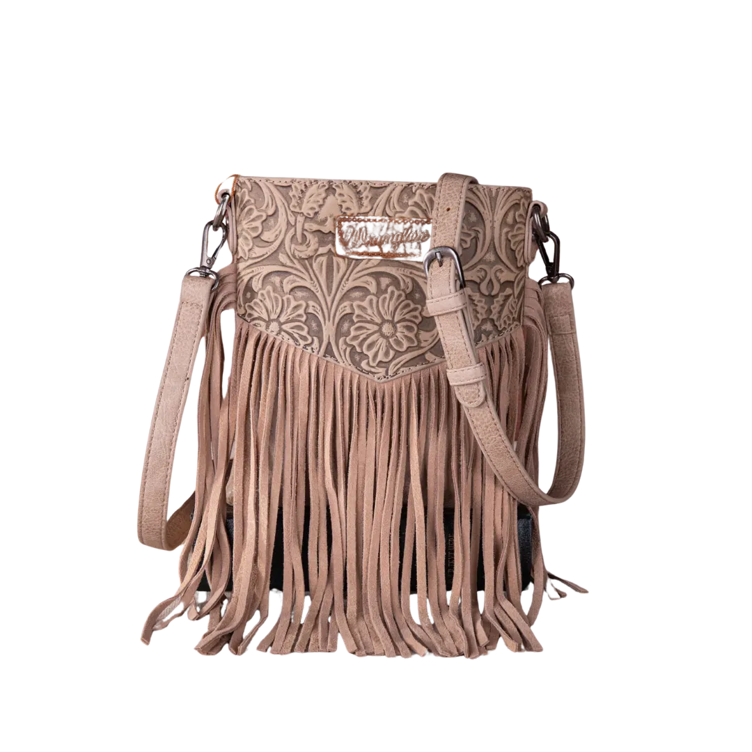 Wrangler Women's Vintage Floral Embossed Fringe Khaki Crossbody