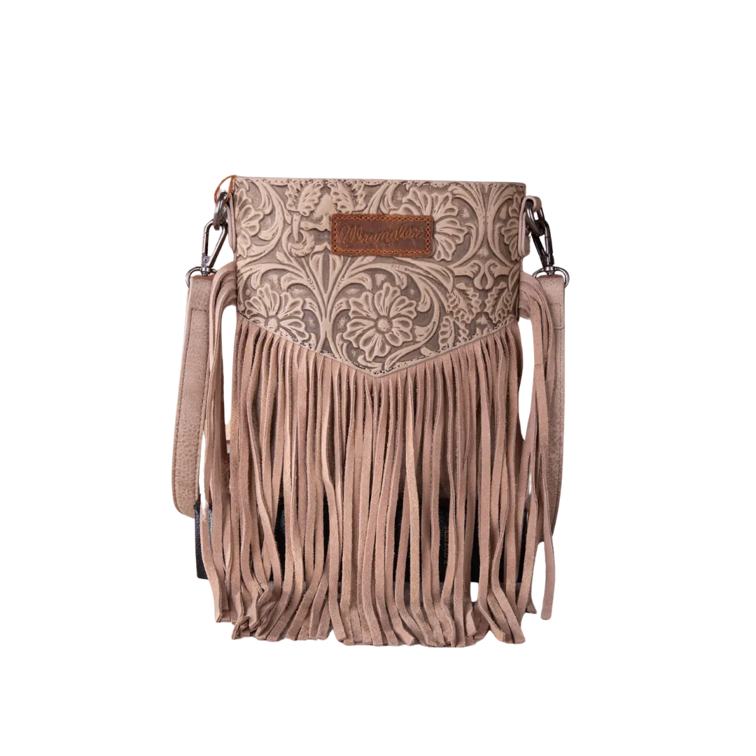 Wrangler Women's Vintage Floral Embossed Fringe Khaki Crossbody